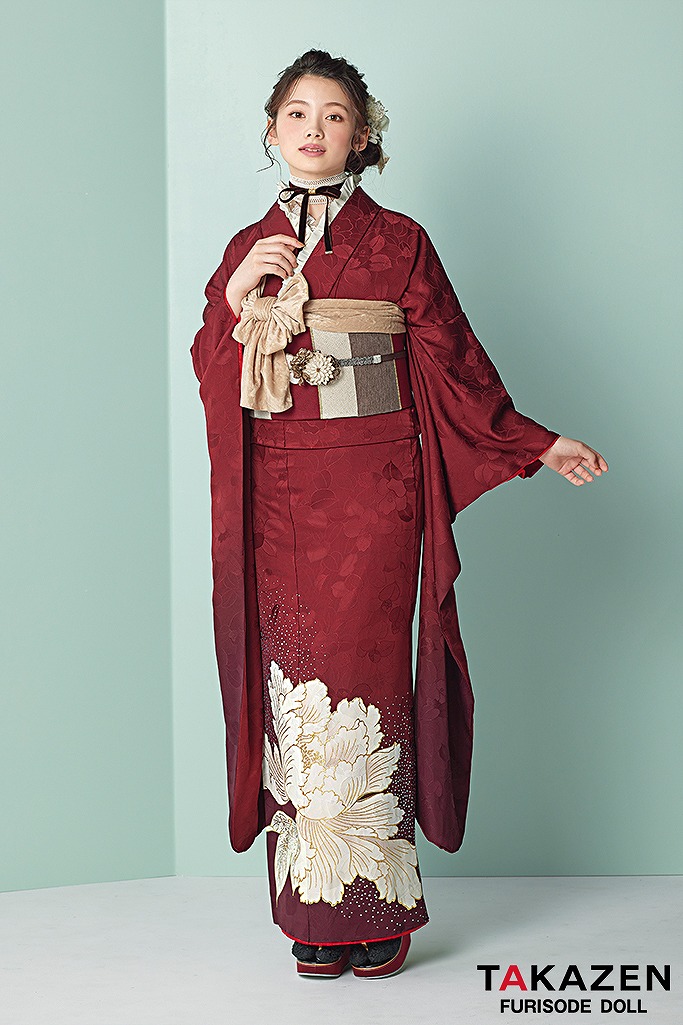 くすみカラーエレガント　エンジ　牡丹柄　大人っぽい　シンプル　すっきり柄　チョーカーコーデ　南琴奈　25025