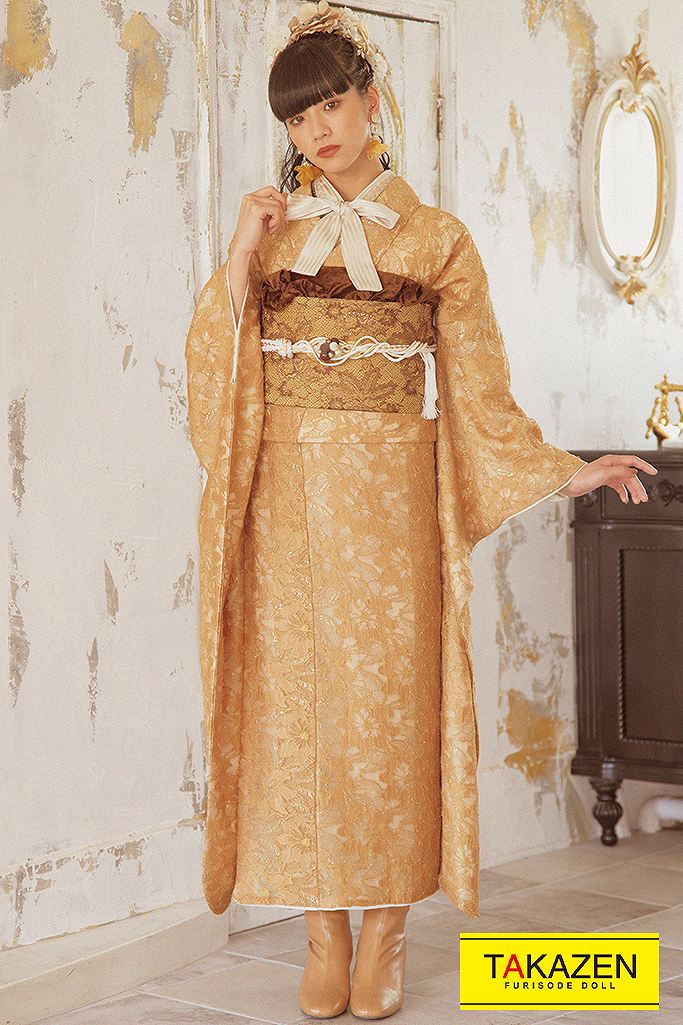 激安！レース振袖ネットレンタル　ヴィンテージスタイル　からし　総レース　人と被らない　ブーツスタイル　お洒落　23014