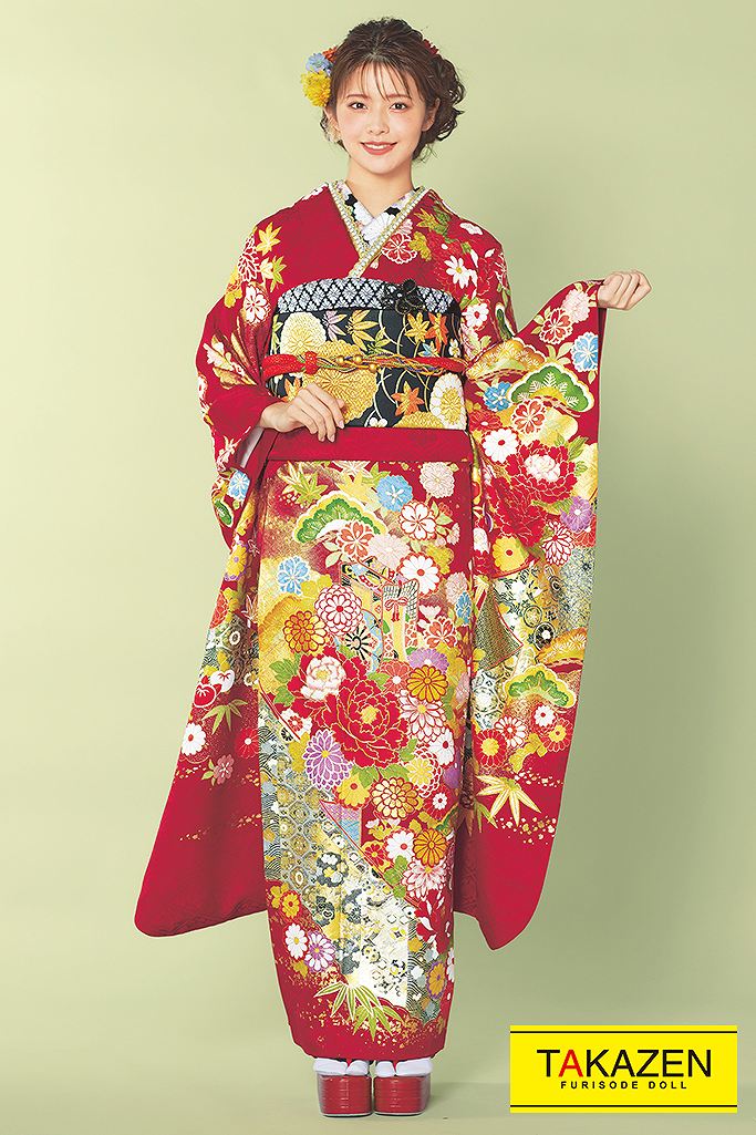 プレミアム古典　赤/ゴールド(金色)　御所車柄/高級柄　上品　大人っぽい　　桂由美プレミアム古典振袖ネットレンタル　32059