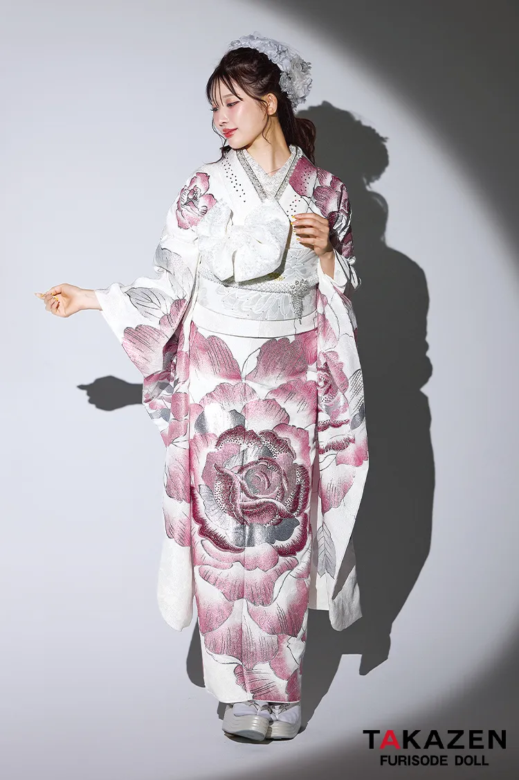 最新作モード　白ピンク　薔薇柄/大柄　一番派手　目立つ　かわいい　姫ギャル　キラキラスワロフスキー付き　フリソデドールオリジナル振袖ネットレンタル　伊藤桃々 27070