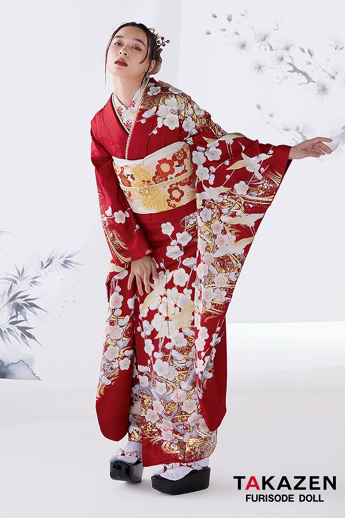 粋古典　赤/白　鶴柄/梅柄/流水模様　大人っぽい振袖　かっこいい　綺麗　はなやか　弓ライカ　26072