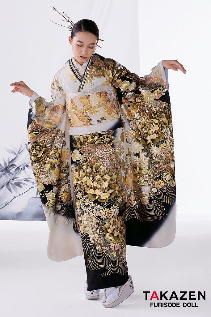 正統派古典　白/黒/ゴールド(金色)　牡丹柄　最高級　エレガント　金彩古典振袖ネットレンタル　派手　豪華　弓ライカ　22021