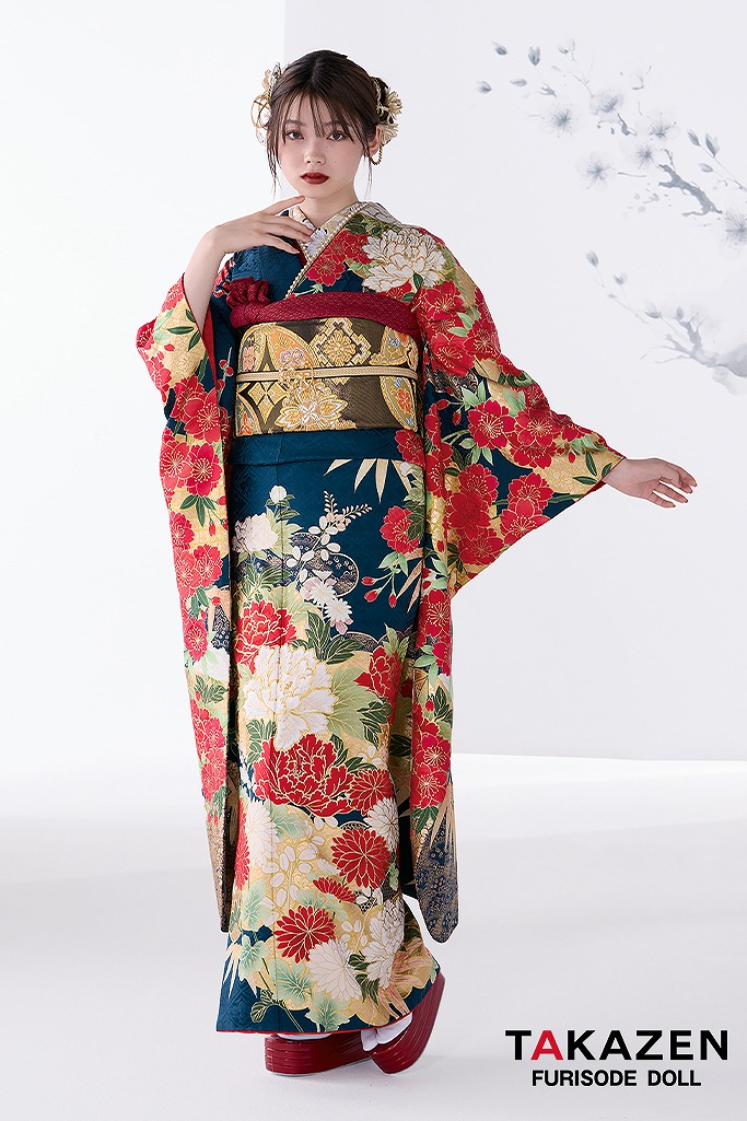 粋古典　紺/赤/ゴールド(金色)　牡丹柄/大柄　金彩刺繍京友禅　かっこいい　綺麗め　渋い古典振袖　豪華　南琴奈　32064