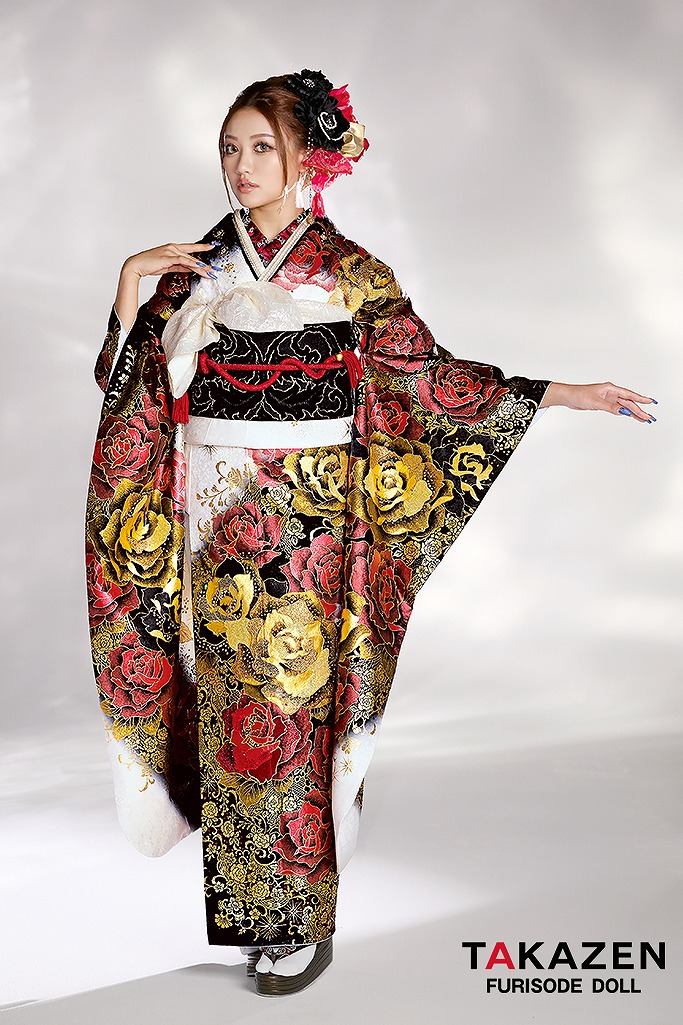 モード系　赤/黒/ゴールド(金色)　薔薇柄　ゴージャス　派手　華やか　ギャル振袖　豪華　キラキラスワロフスキー付き　セクシー　中村りおん　21049