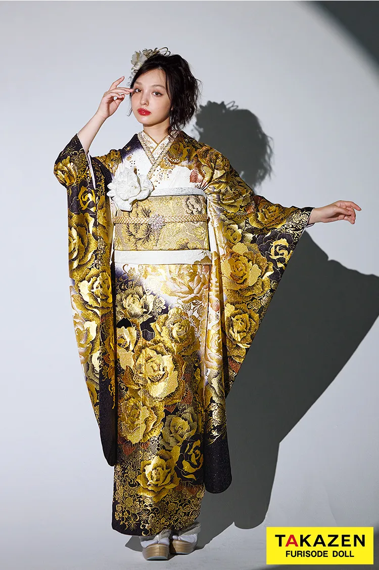 グラマラス　白/黒/ゴールド(金色)　バラ柄　派手　1番目立つ　ギャル振袖　スワロフスキー史上最多数　キラキラ　ゴージャス振袖ネットレンタル　香川るな　21050