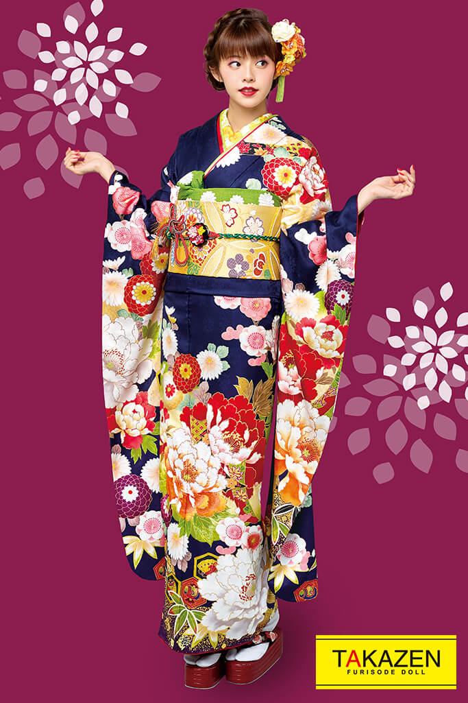 正統派古典　紺(ブルー)/オレンジ/ネイビー　牡丹柄/大柄　華やか　大人っぽい古典振袖ネットレンタル　豪華　　21025