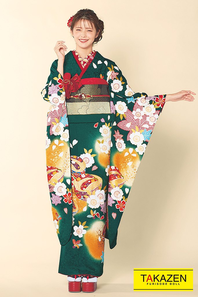 正統派古典　緑/グリーン/からし　ウサギ柄/こっぽり柄　大人っぽい　シンプル古典柄振袖ネットレンタル　人と被らない　32050