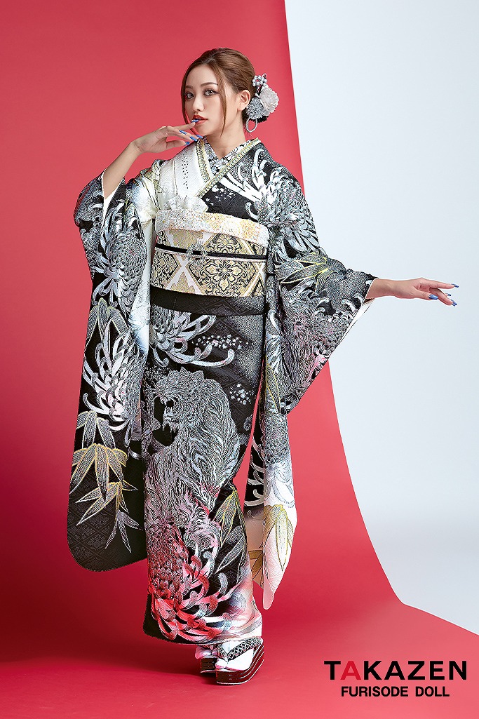 ジャパンモード　黒/シルバー　本家虎柄一番人気　ギラギラ　かっこいい振袖　一番目立つ　派手　ギャル　クール　いかつい振袖ネットレンタル　中村りおん　23042