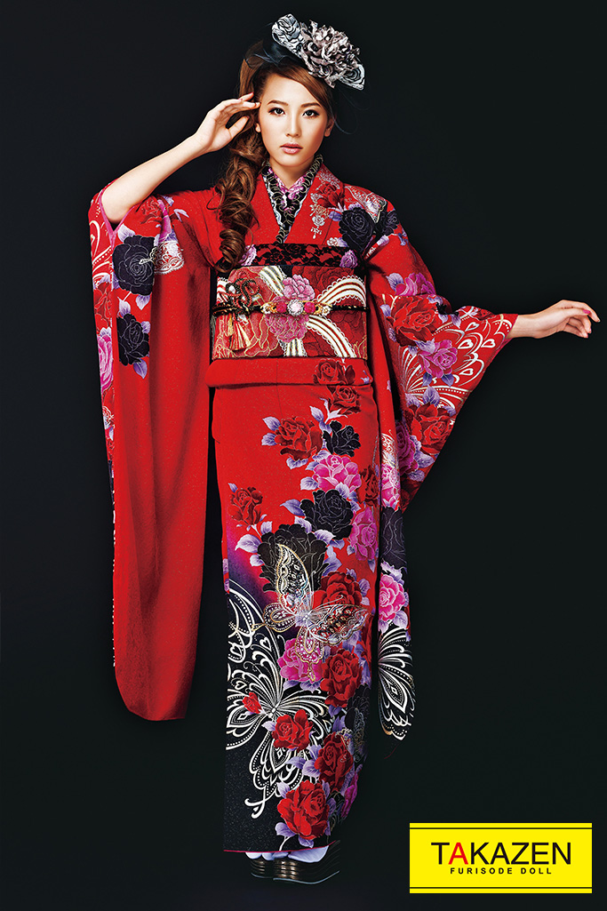 プチプラモード　赤/黒　蝶々柄　派手　カッコイイ　華やか　クール系振袖ネットレンタル　格安プライス　32192