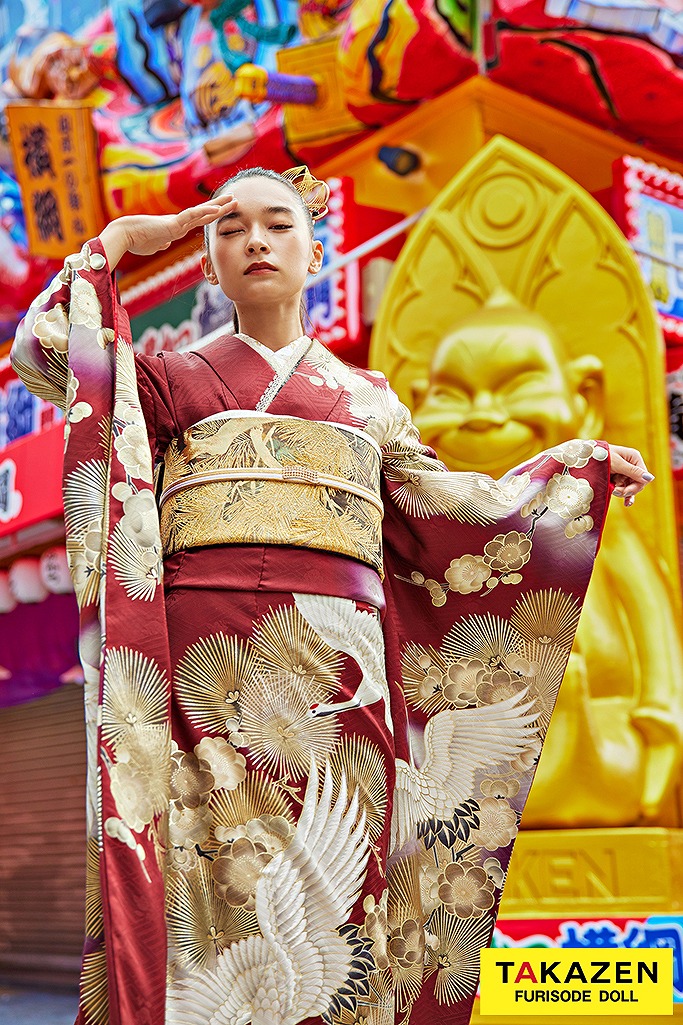 ヴィンテージスタイル　エンジ/金　鶴柄/針松　かっこいい　ストリート調　大人っぽい　弓ライカ　25029