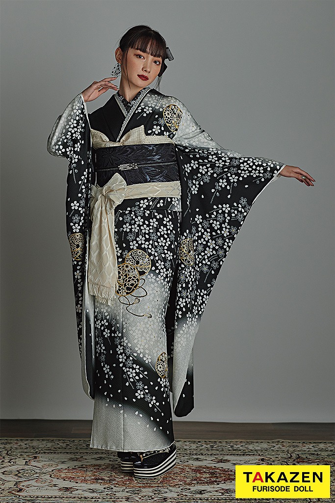 ヴィンテージスタイル　黒/白/モノトーン　鞠柄/桜柄　大正ロマン　アンティーク調　しごきアレンジ　新野尾七奈　25034