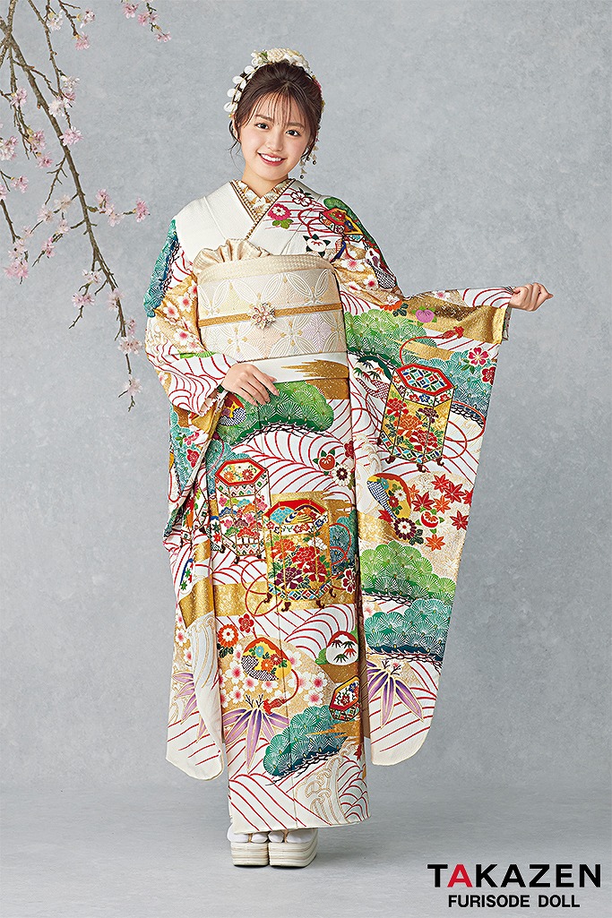 最高級古典柄振袖　吉澤織物/最高級金彩手描友禅　白　貝桶/波模様　上品　おしとやか振袖　香音ちゃん　25035