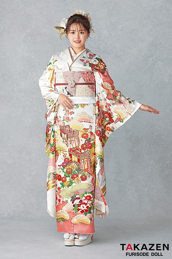 最高級古典柄振袖　吉澤織物/文楽/人間国宝吉田簑助　白/ピンク　御所車/雲取り　かわいい　上品　はんなり　香音ちゃん　25038