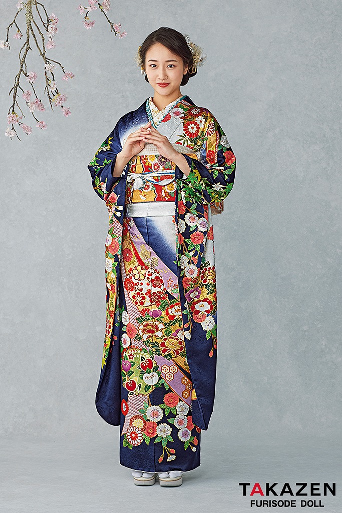 最高級古典柄振袖　吉澤織物/文楽/人間国宝吉田簑助　紺色/ネイビー/白　熨斗柄　大人っぽい　上品　天翔愛　25039