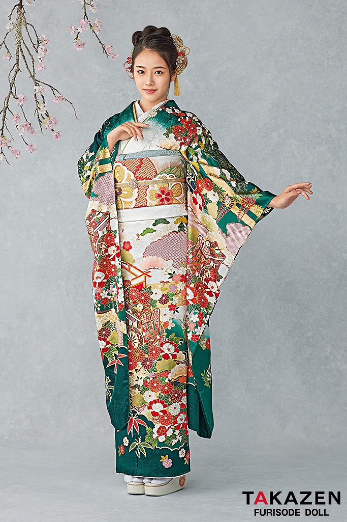 最高級古典柄振袖　吉澤織物/文楽/人間国宝吉田簑助　緑/白　御所車柄　清楚　おしとやか　上品振袖　天翔天音　25040