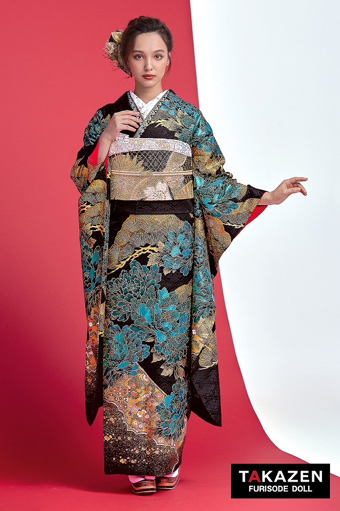 ジャパンモード　黒/金/緑　牡丹柄/和柄　渋い　いかつい　豪華振袖　かっこいい　ギャル系　スワロフスキー付き　目立つ　香川るな　24070