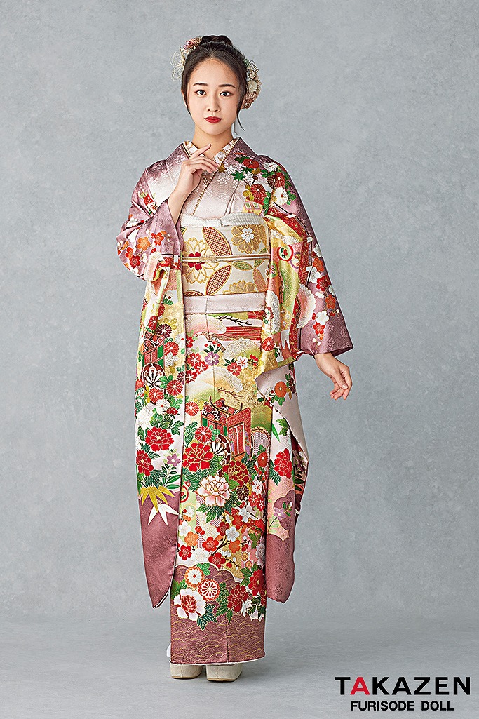 最高級古典柄振袖　吉澤織物/文楽/人間国宝吉田簑助　白/ピンクベージュ/くすみ色　御所車柄　華やか　上品振袖　天翔愛　25041