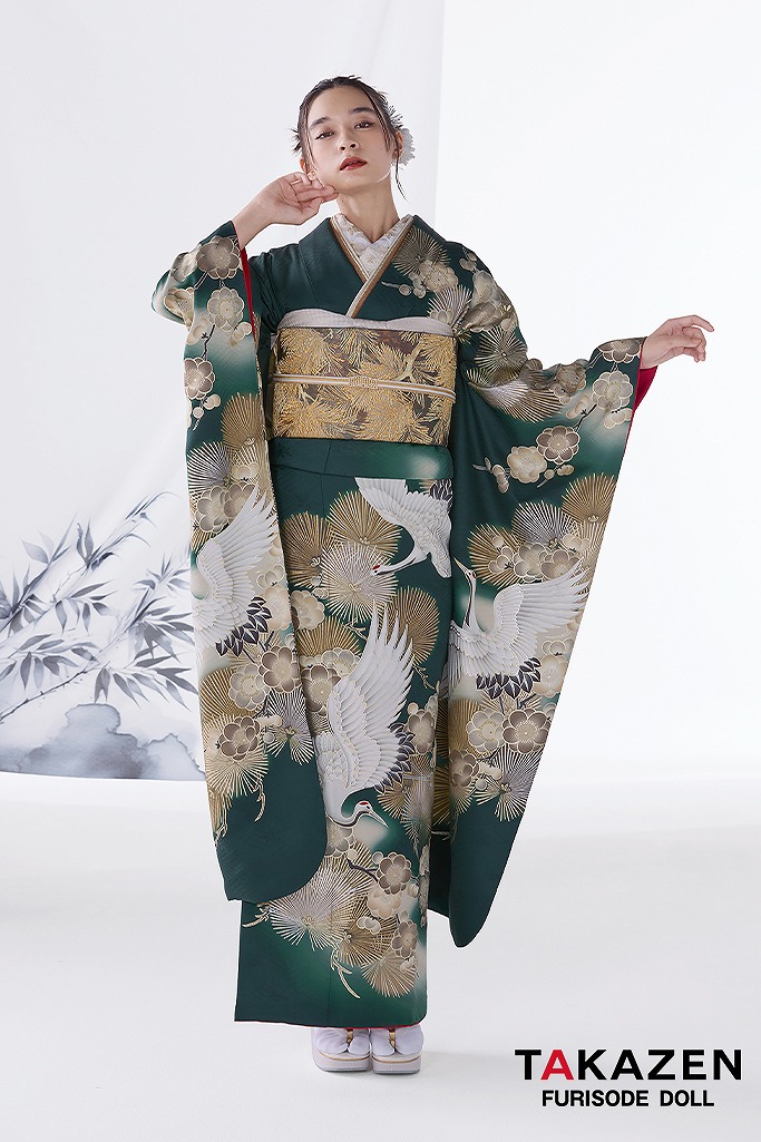 粋古典　緑/金/グリーン　鶴柄/和柄　かっこいい振袖　大人っぽい　シック　渋い振袖　弓ライカ　24054