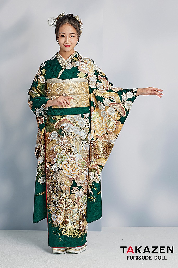最高級古典柄振袖　関芳/最高級金彩刺繍友禅　緑/金　御所車柄/牡丹柄　豪華　大人っぽい　桂由美プレミアム　天翔愛　25047