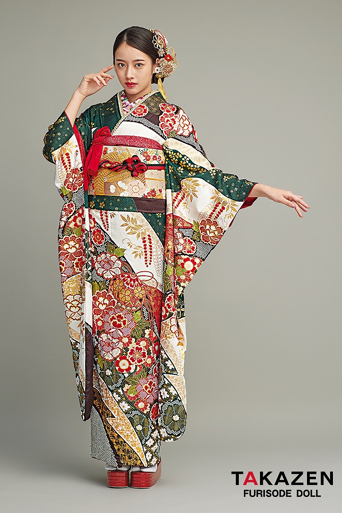 最高級古典柄振袖　滝泰/最高級金彩刺繍絞り友禅　緑/赤　鞠柄/牡丹柄　上品　絞り　清楚系振袖　天翔天音　25051