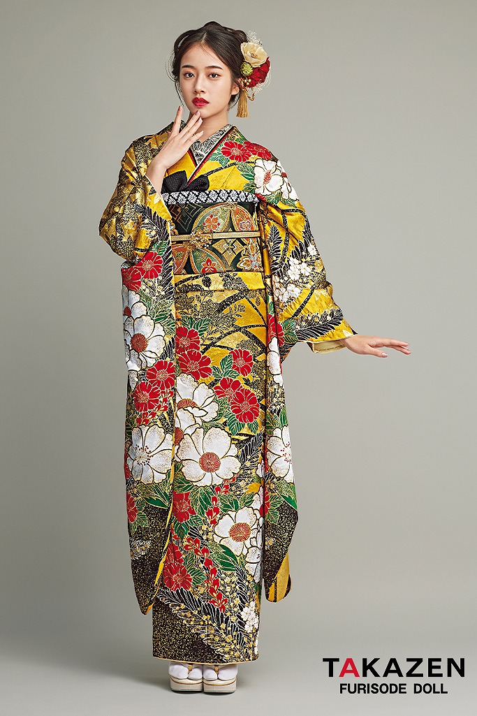 最高級古典柄振袖　滝泰/最高級金彩刺繍絞り友禅　からし/黄/赤　牡丹柄/芭蕉　目立つ　派手　かっこいい　綺麗　天翔天音　23020