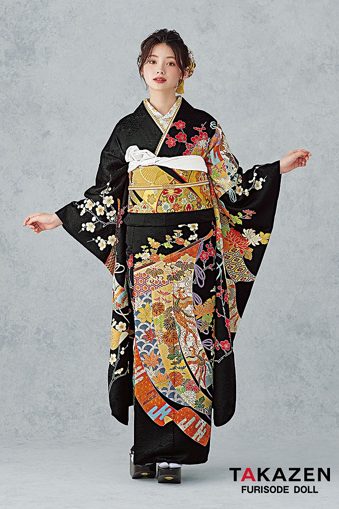 最高級古典柄振袖　千總/最高級金彩刺繍手描京友禅　黒/金　几帳柄/鳳凰柄　上品　大人っぽい　綺麗　豪華振袖　南琴奈　25054