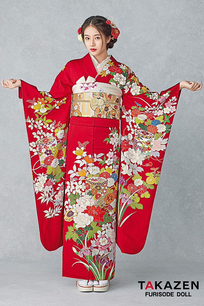 最高級古典柄振袖　千總/最高級金彩刺繍手描京友禅　赤　貝桶柄　上品　綺麗　豪華　華やか　清楚　　天翔天音　25055