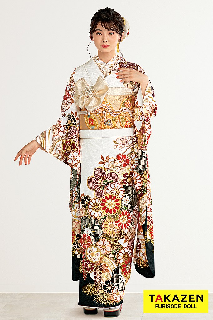 正統派古典　白/黒/赤　菊柄　かわいい　清楚　伝統的振袖　金彩刺繍京友禅　南琴奈　24046