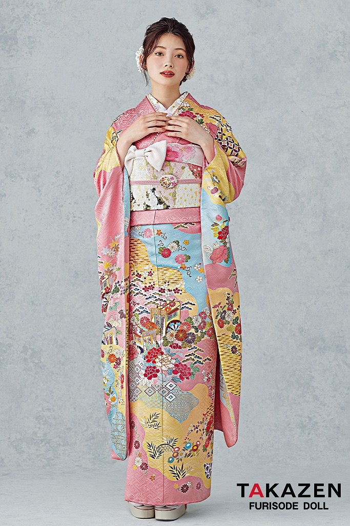 最高級古典柄振袖　千總/最高級金彩刺繍手描京友禅　ピンク/水色　御所車柄/貝桶柄　上品　綺麗　かわいい　清楚　南琴奈　25056