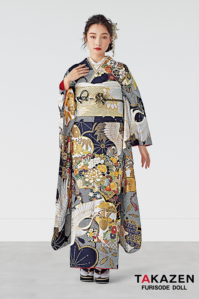 正統派古典　紺/金/ネイビー　鶴柄/絞り模様　大人っぽい　豪華　柄多め　華やか　新野尾七奈　25063