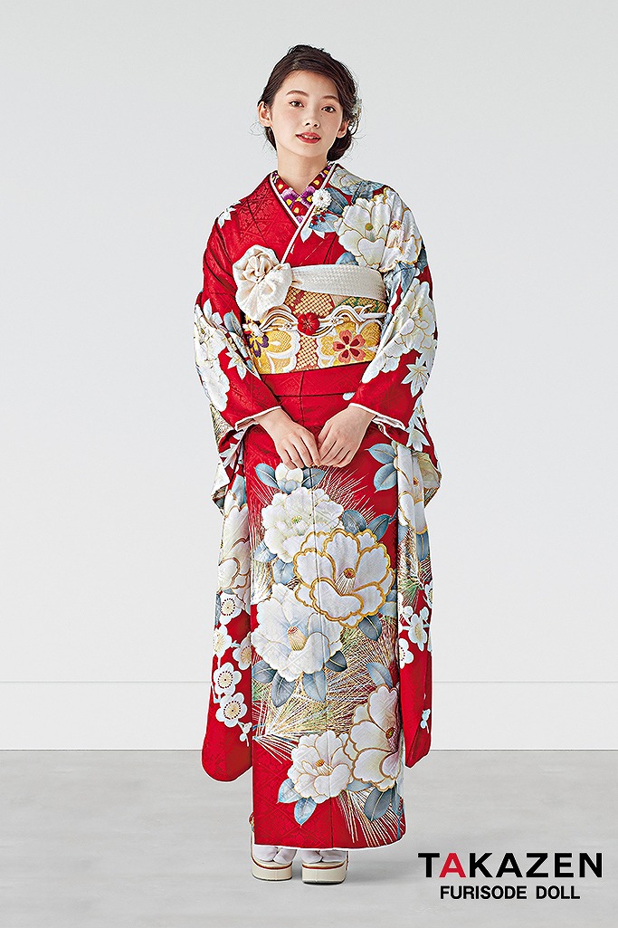 正統派古典　赤/白　椿柄/針松　上品　おしとやか　かわいい　南琴奈　25066