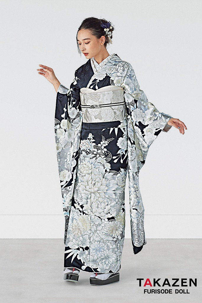 正統派古典　黒/白/シルバー　牡丹柄　かっこいい　粋　大人っぽい振袖　弓ライカ　25071