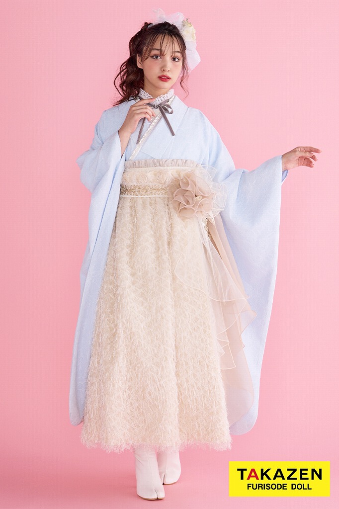 フレンチガーリー　水色/アイスブルー　ドレス袴　おしゃれ　洋風　ドレッシー　くすみ　リボンアレンジ　ブーツコーデ　香川るな　R26007