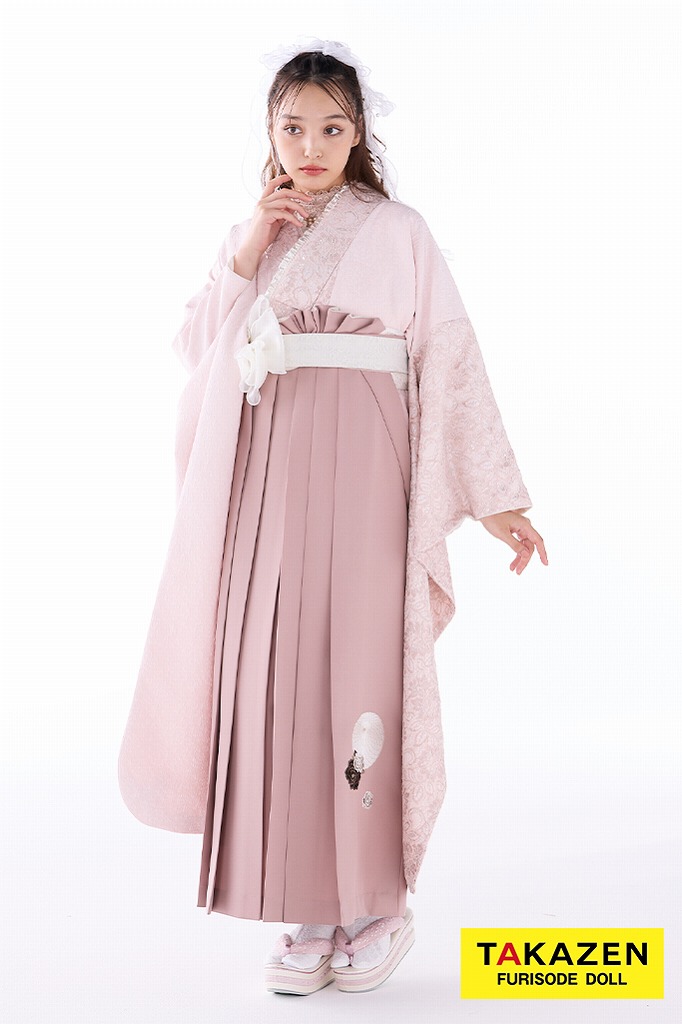 くすみカラーガーリー　ピンク/淡い色　レース　ジャガード生地　かわいい　フレンチガーリー　お洒落袴ネットレンタル　ブーツコーデ　香川るな　R26008