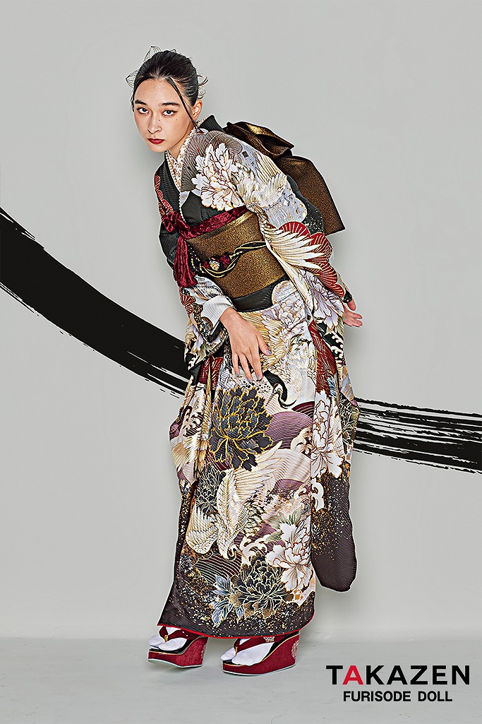 粋古典　カーキ/ブラウン　鶴柄/牡丹柄　シック　かっこいい　大人っぽい　モダン振袖　弓ライカ　25077