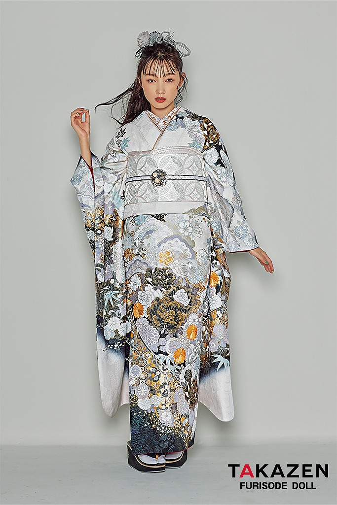 粋古典　白/グレー/金　牡丹柄　シック　白地　渋い振袖　大人っぽい　花魁風　かっこいい　煌びやか　新野尾七奈　31121