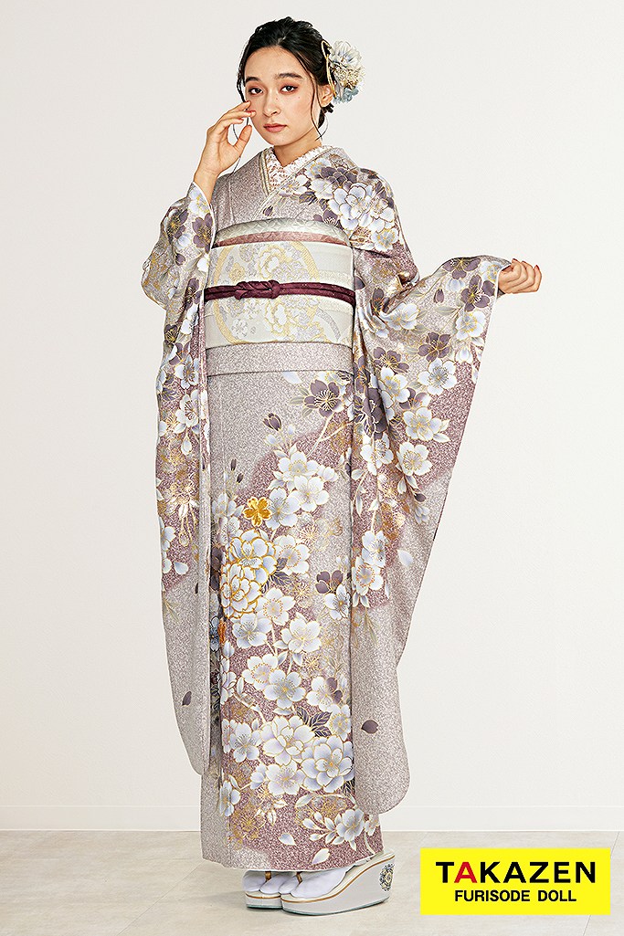 正統派古典　くすみ色/グレー　桜柄　大人っぽい　くすみカラー振袖通販　低身長さんにもおすすめ　弓ライカ　24052