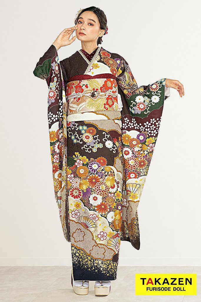 正統派古典　茶色/金/ゴールド　毬柄　オシャレ　トレンド振袖　大人っぽい　華やか　弓ライカ　22019