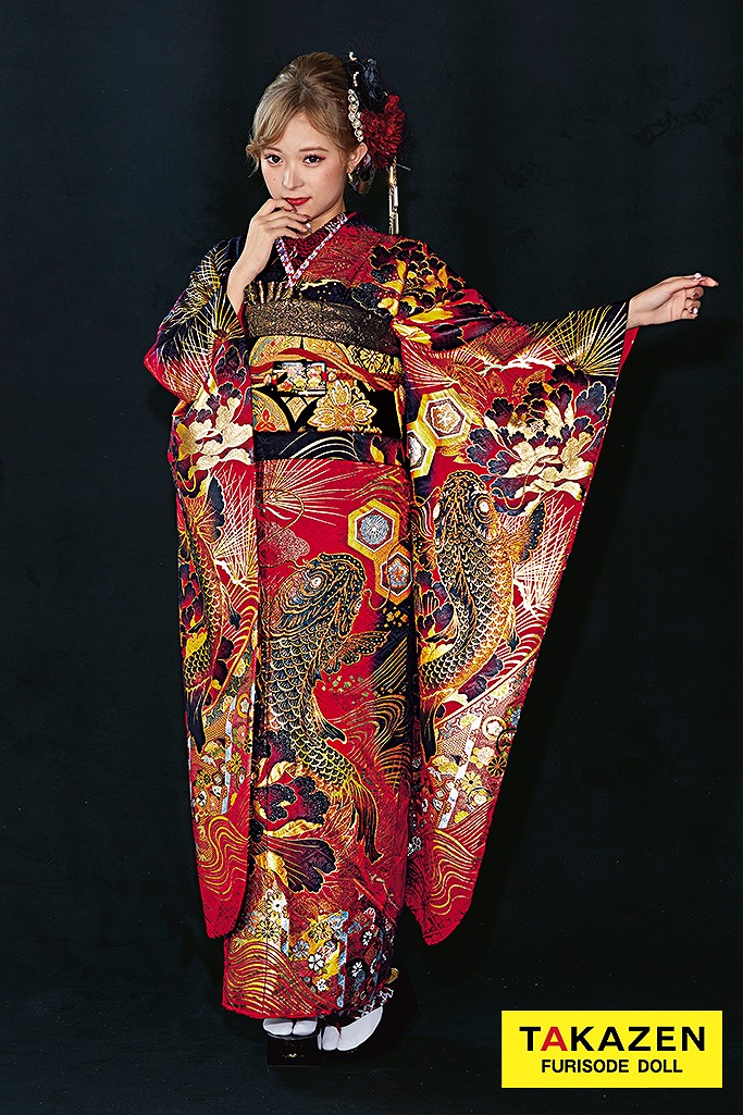 ジャパンモード　赤/黒　鯉柄/和彫り風　渋い　派手　目立つ　いかつい　キラキラスワロフスキー　迫力のある振袖　聖菜　25084