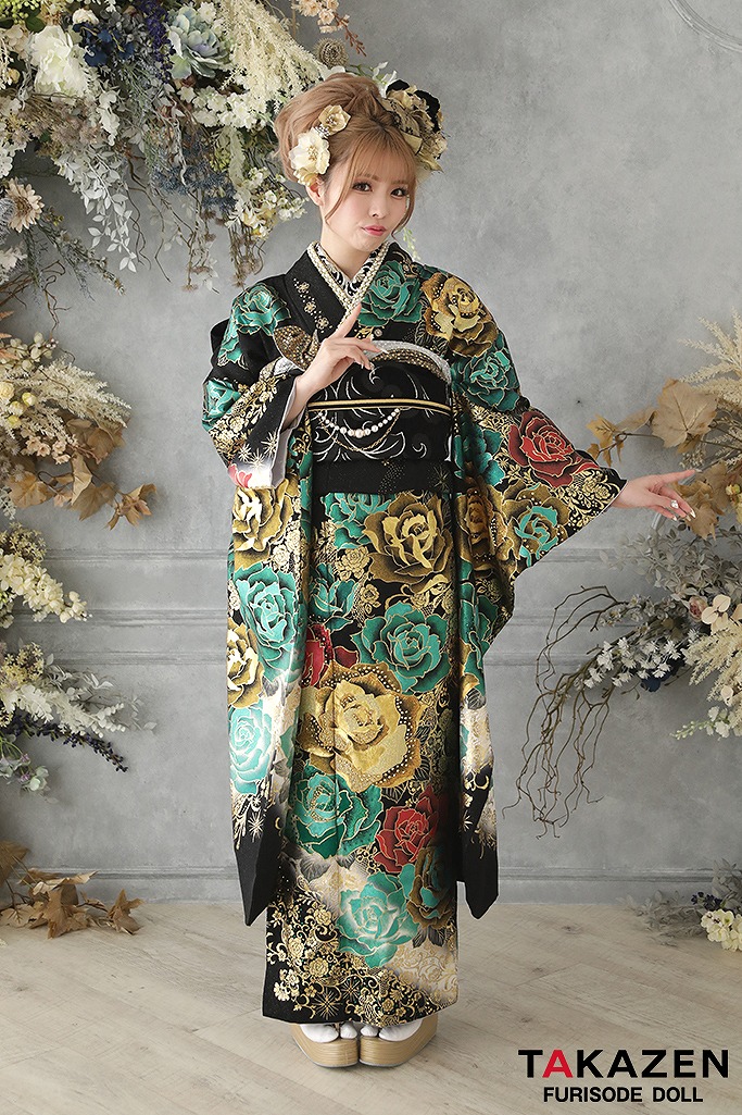 グラマラスモード　　赤/黒/グリーン(緑色)　バラ柄　目立つ　派手振袖ネットレンタル　キラキラスワロフスキー付き　ゆいちゃみ　21052