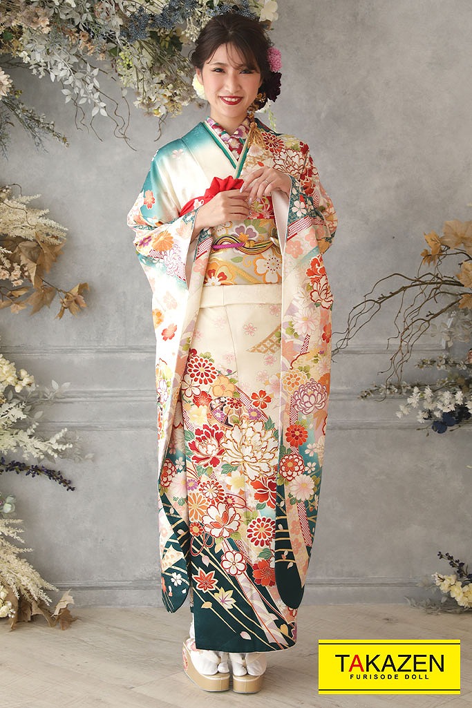 安い！正統派古典　白/グリーン(緑色)　ボタン柄　綺麗　グラデージョン　振袖　上品振袖　格安価格振袖ネットレンタル　32174