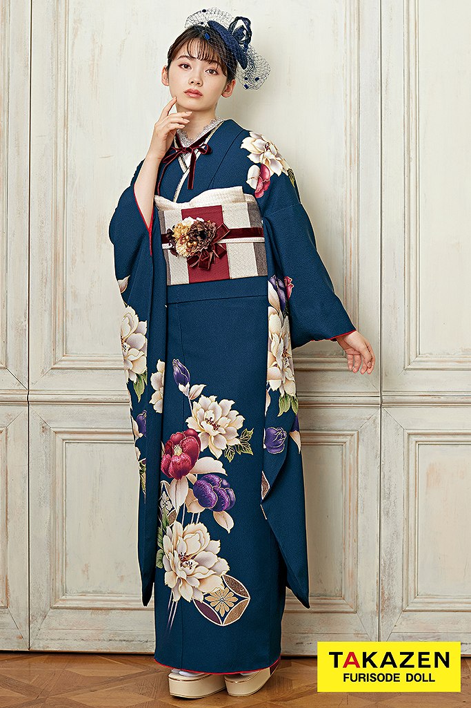 アンティーク調レトロ　青(ブルー)ネイビー　柄少なめ　シンプル　　大人っぽい振袖ネットレンタル　個性的　ガーリー　かわいい　南琴奈　24061