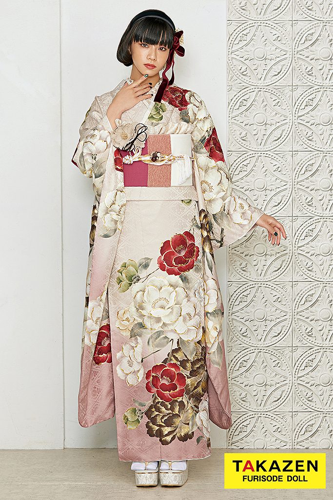 くすみカラーレトロ　くすみピンク/ベージュ/淡い色　椿柄　シンプル　可愛い　アンティーク調　ガーリー振袖ネットレンタル　24062