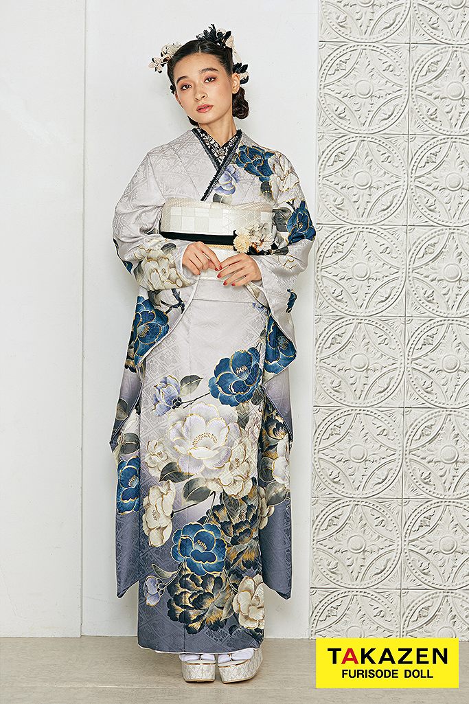 くすみカラーレトロ　淡色/青(くすみブルー)/グレー　ツバキ柄　シンプル　　淡い色振袖ネットレンタ　かわいい　モダン　弓ライカ　24063