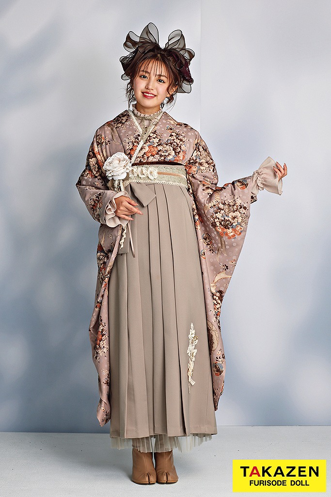 くすみカラーレトロ　ダスティーピンク/淡い色　ブーケ柄/リボン柄　アンティーク調　お洒落　レースインナー/ブーツスタイル　香音ちゃん袴ネットレンタル　R25001