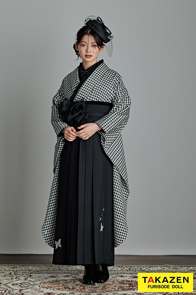 くすみカラーレトロ　黒/モノトーン　千鳥柄　大正ロマン　おしゃれ　かわいい　トレンド袴ネットレンタル　ブーツスタイル　南琴奈　R25006
