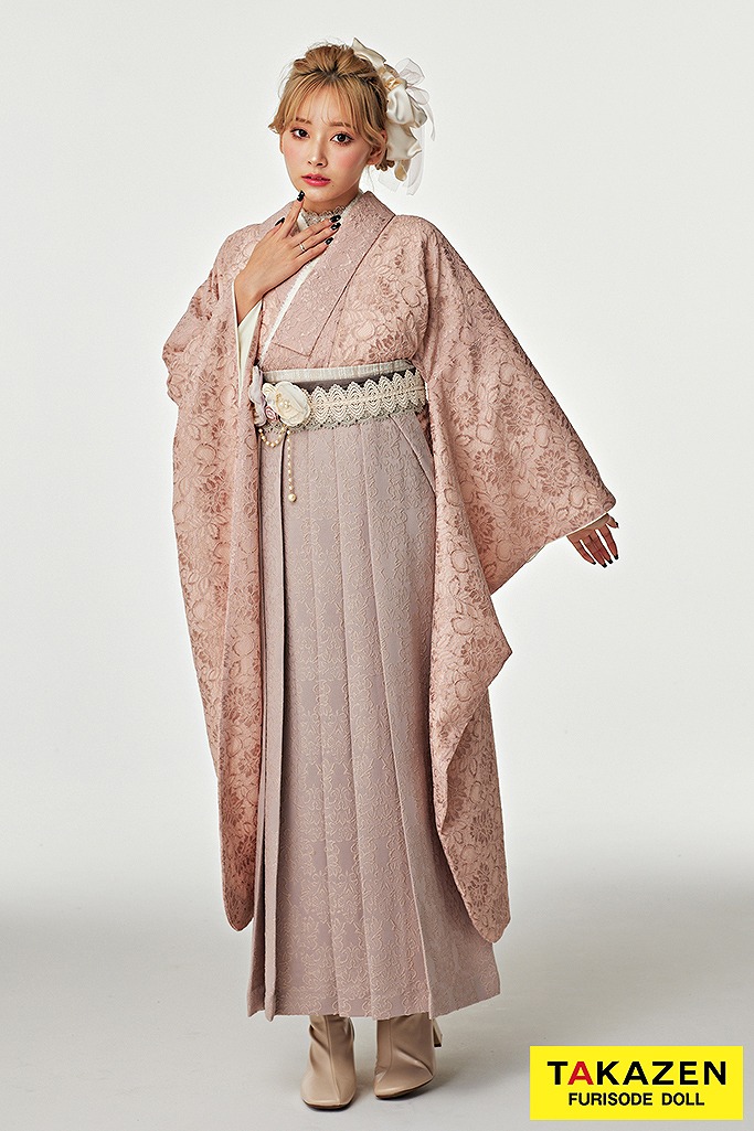 くすみカラーガーリー　ピンク/淡い色　総レース　かわいい　フレンチガーリー　お洒落袴ネットレンタル　ブーツコーデ　ぴょな　R25003