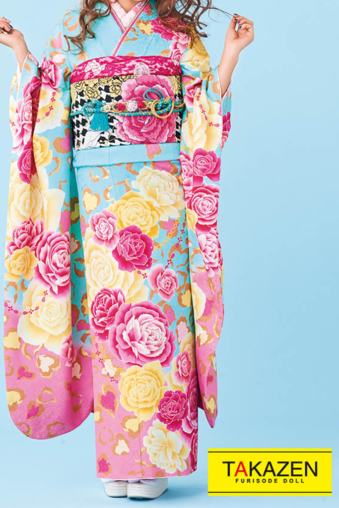 キュートガーリー　ブルー(水色)/ピンク　ヒョウ柄　かわいい振袖ネットレンタル　プリンセス　ギャル　32154