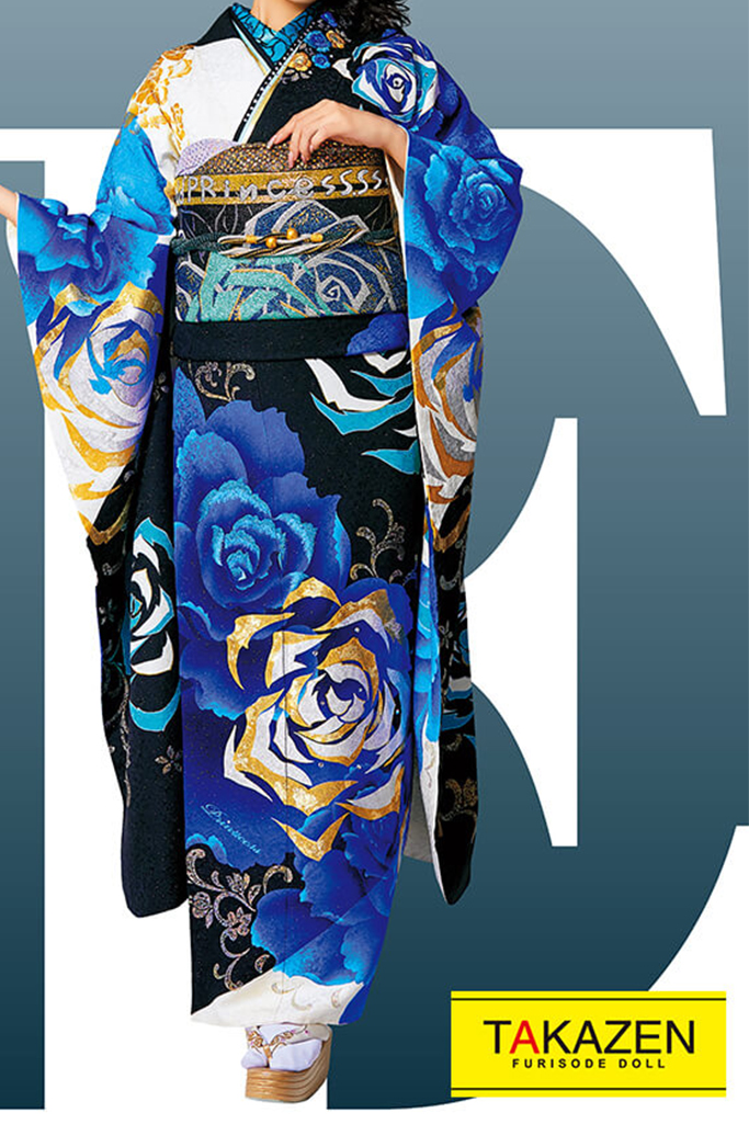 格安モード　黒/ブルー(青)/金　薔薇柄　派手　豪華　ギャル　クール系振袖ネットレンタル　目立つ　#F0096
