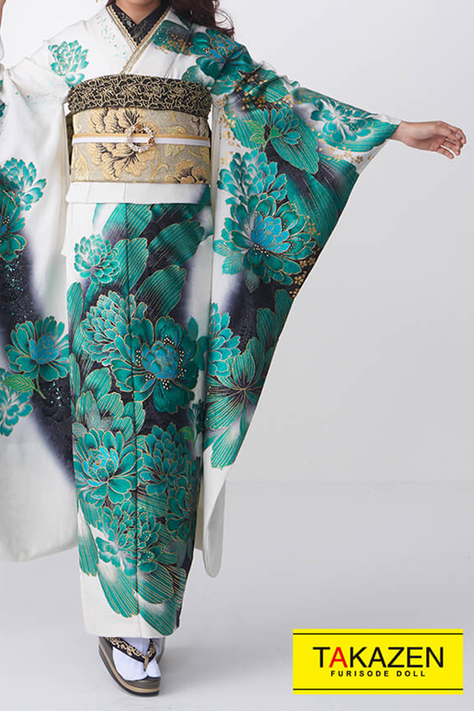 クール系モード　黒/グリーン(緑色)　ボタン柄　派手　キラキラ　かぶらない振袖ネットレンタル　目立つ　#F0076